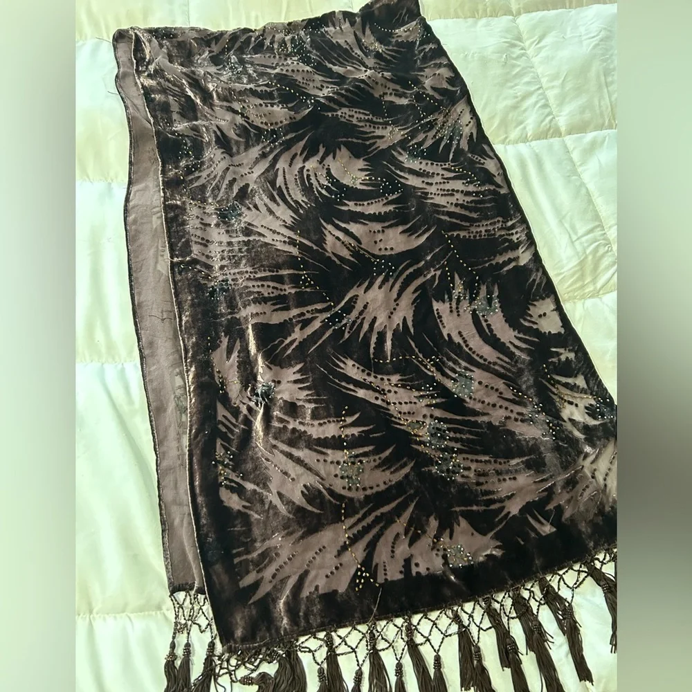 Chelsey by Joseph Burnout Velvet Beaded Tassels Scarf